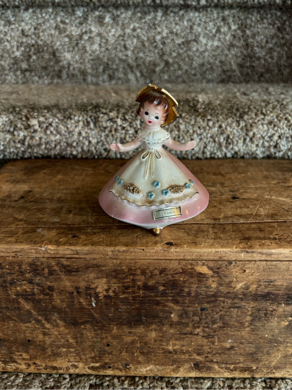 Vintage Pink Ceramic Figurine Girl with Gold Accents